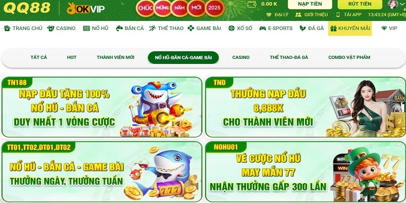 Danh sách ưu đãi sảnh nổ hũ - bắn cá - game bài của QQ88